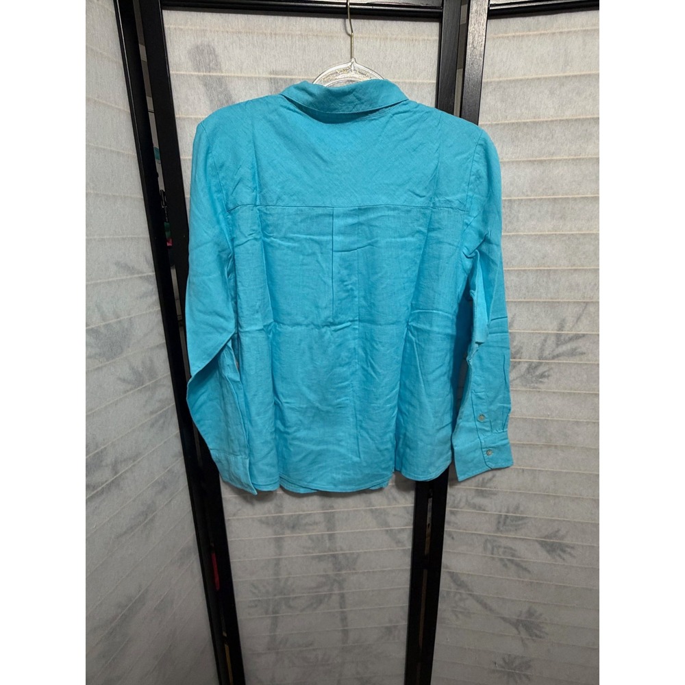 Candace Cameron Bure Linen Shirt Medium Blue Button Down Petite Coastal Boho - Picture 5 of 9